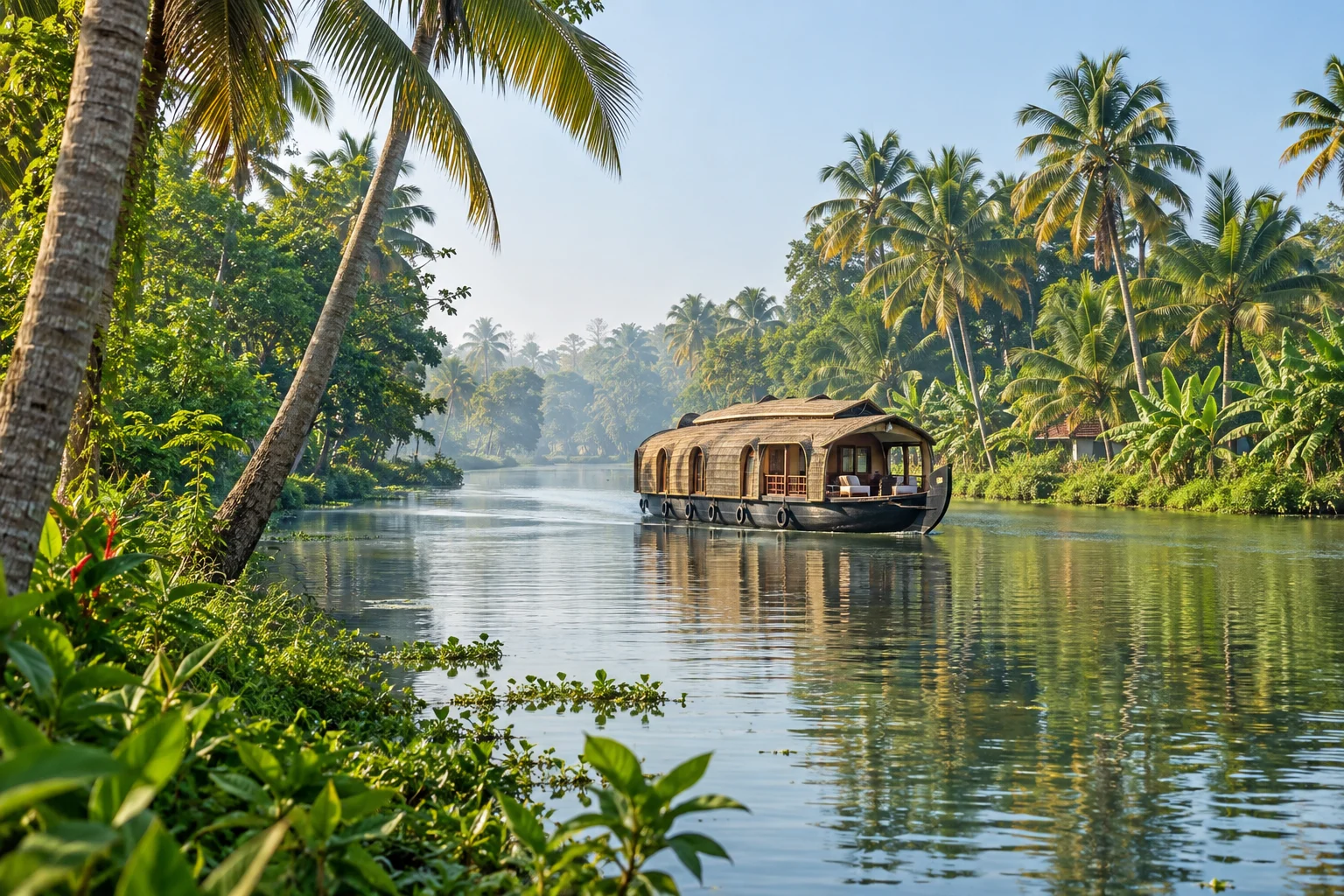 AI-generated illustration: Kerala-inspired backwaters, India