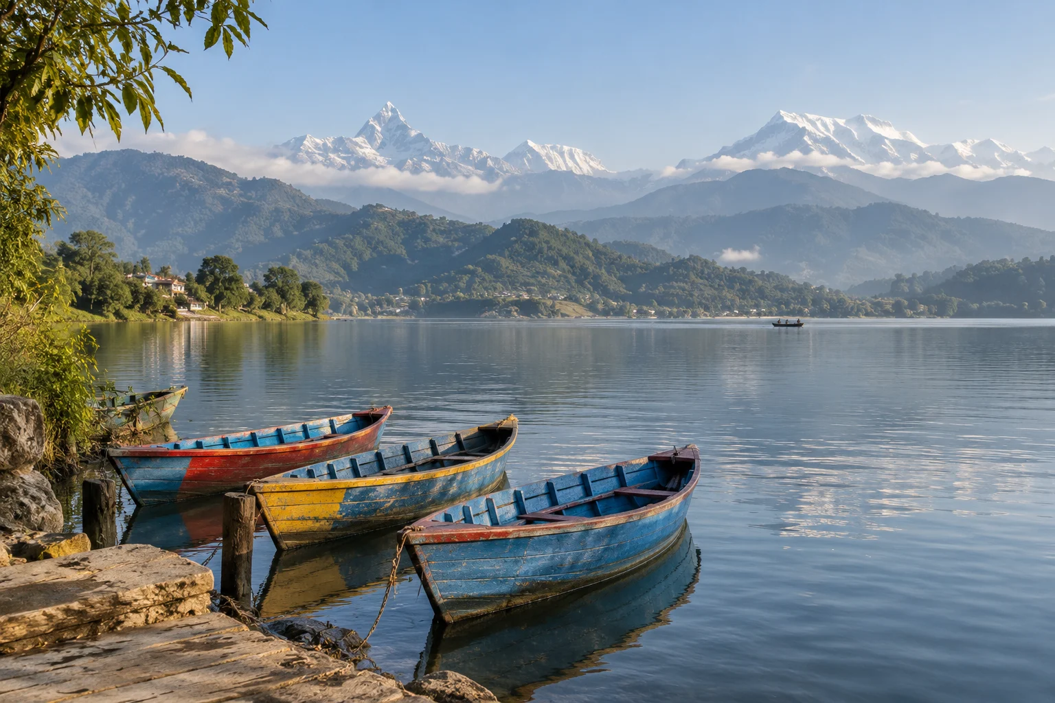 AI-generated illustration: Pokhara-inspired lakeside morning, Nepal