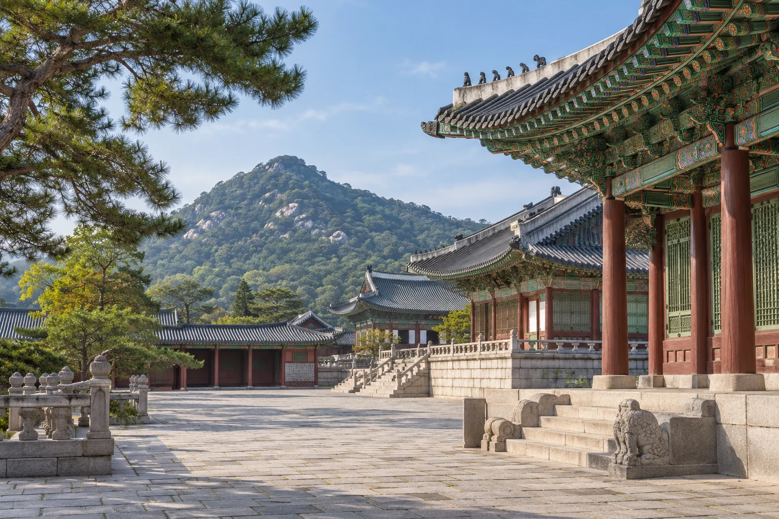 AI-generated illustration: Seoul-inspired palace courtyard, South Korea
