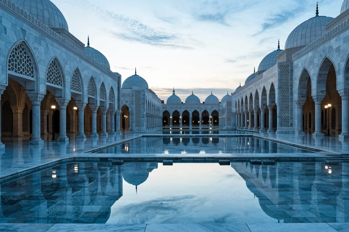 AI-generated illustration: Abu Dhabi-inspired mosque courtyard