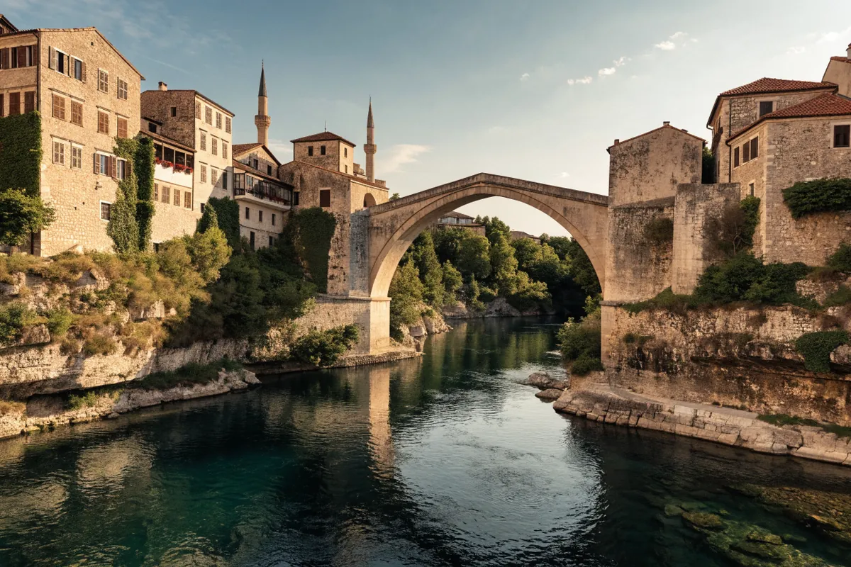 AI-generated illustration: Mostar-inspired river town