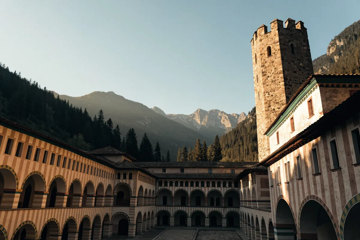 AI-generated illustration: Rila-inspired mountain monastery