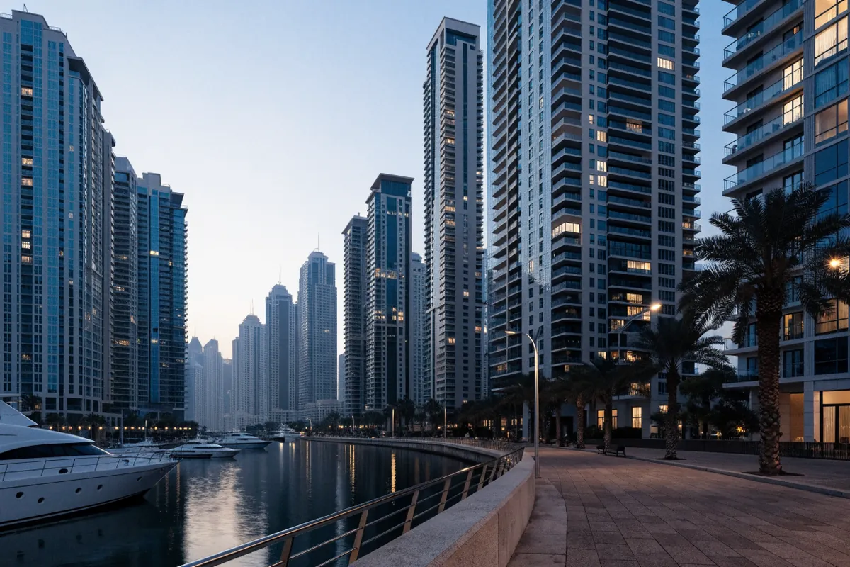 AI-generated illustration: Dubai Marina-inspired waterfront
