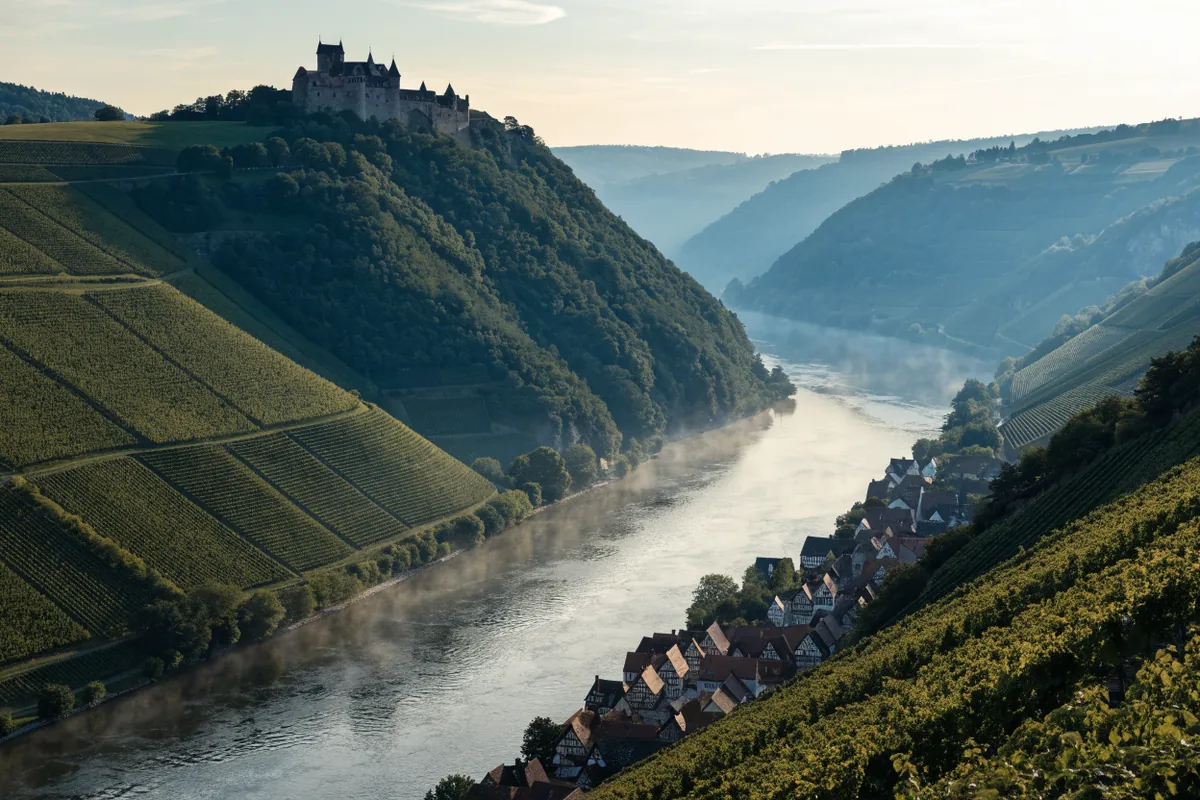 AI-generated illustration: Rhine-inspired river valley