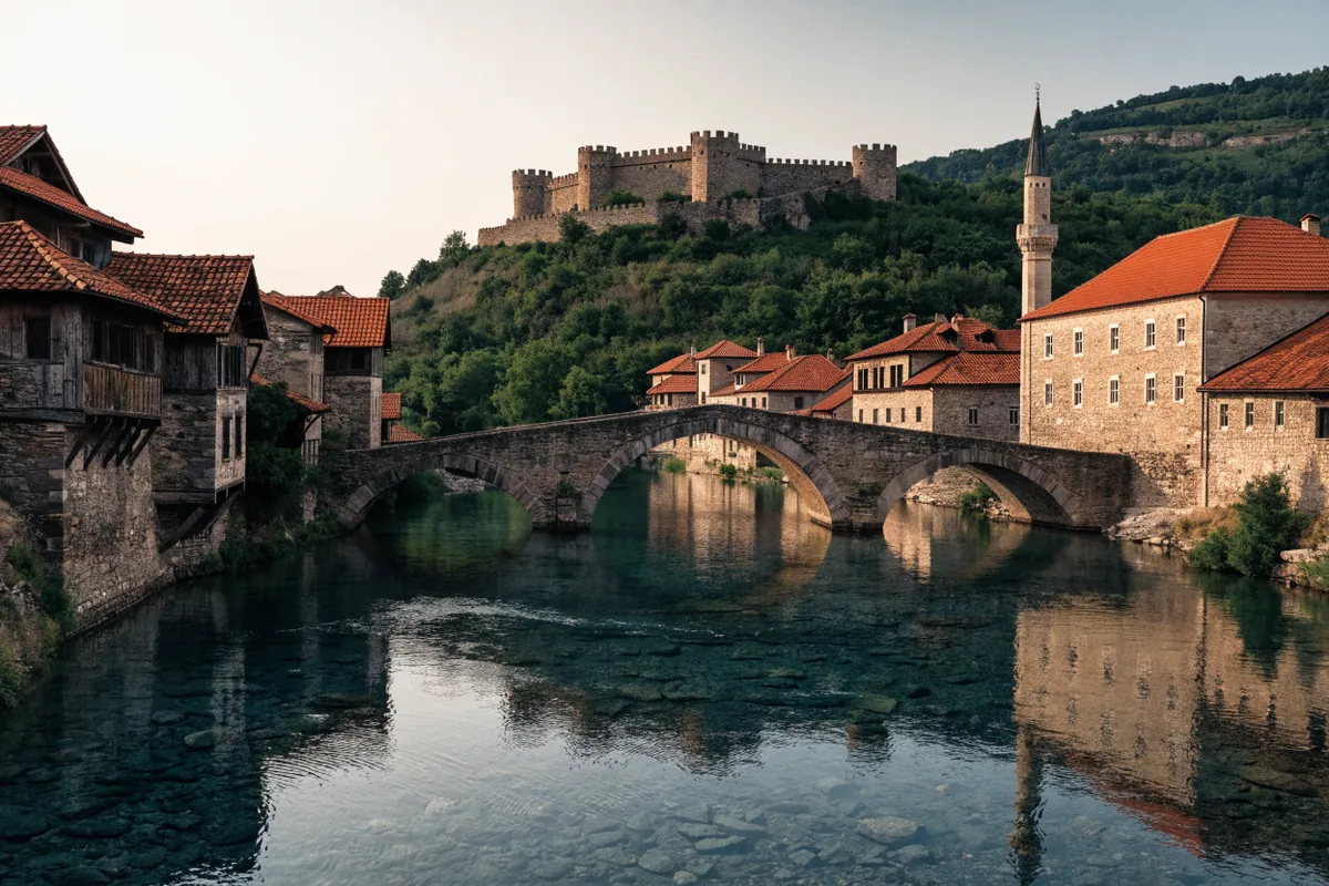 AI-generated illustration: Prizren-inspired river town