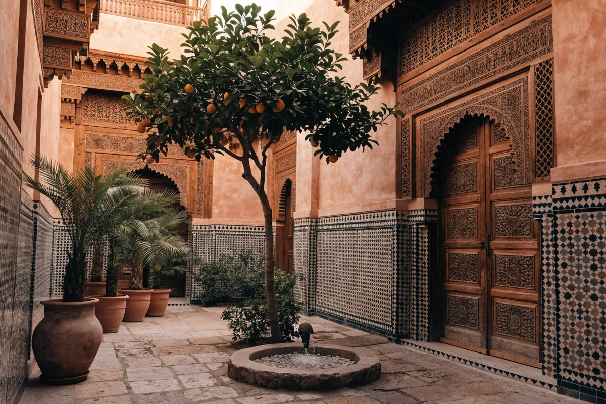AI-generated illustration: Marrakech-inspired riad courtyard