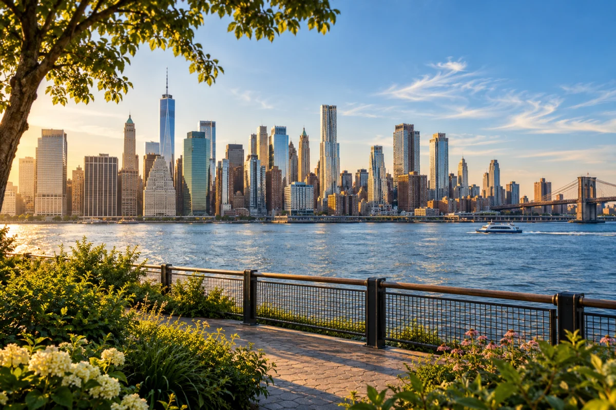 AI-generated illustration: New York-inspired riverside skyline