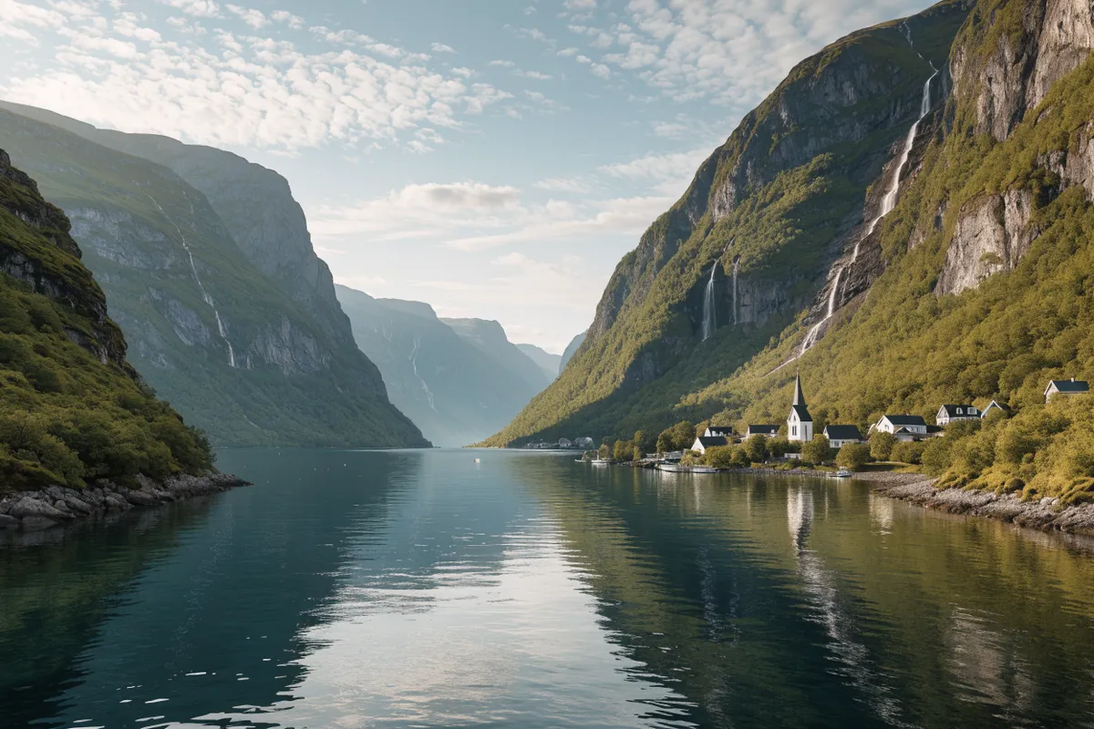 AI-generated illustration: Norwegian fjord-inspired view