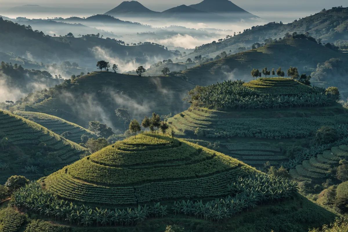 AI-generated illustration: Rwanda-inspired green hills