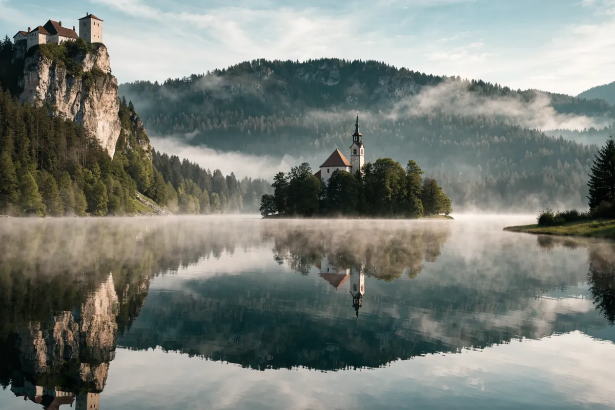 AI-generated illustration: Lake Bled-inspired view